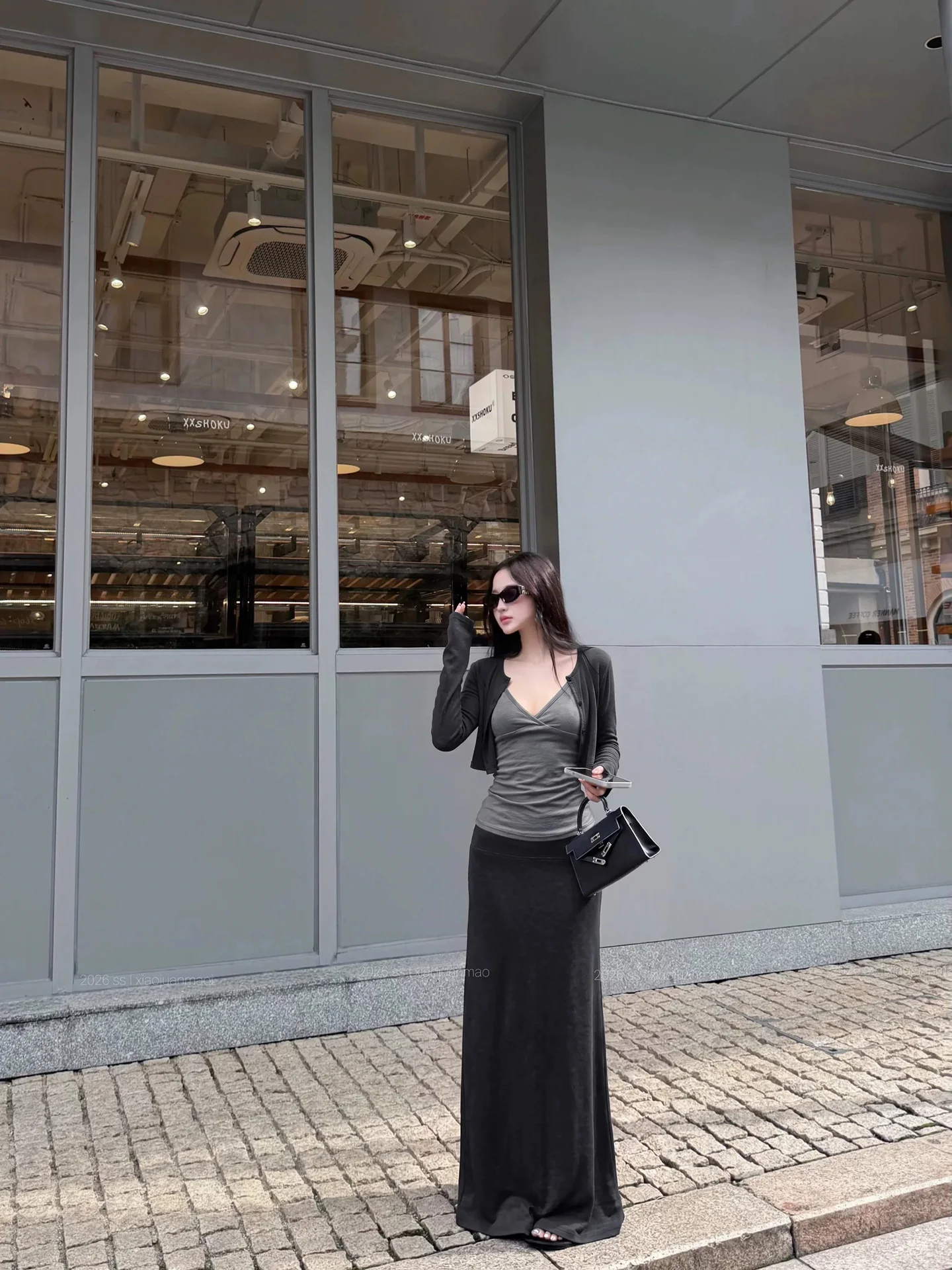 Retro Long Sleeve Open Cardigan V-Neck Vest Women's Inner Wear Set with Skirt Three Piece Set High Waist Autumn Fashion