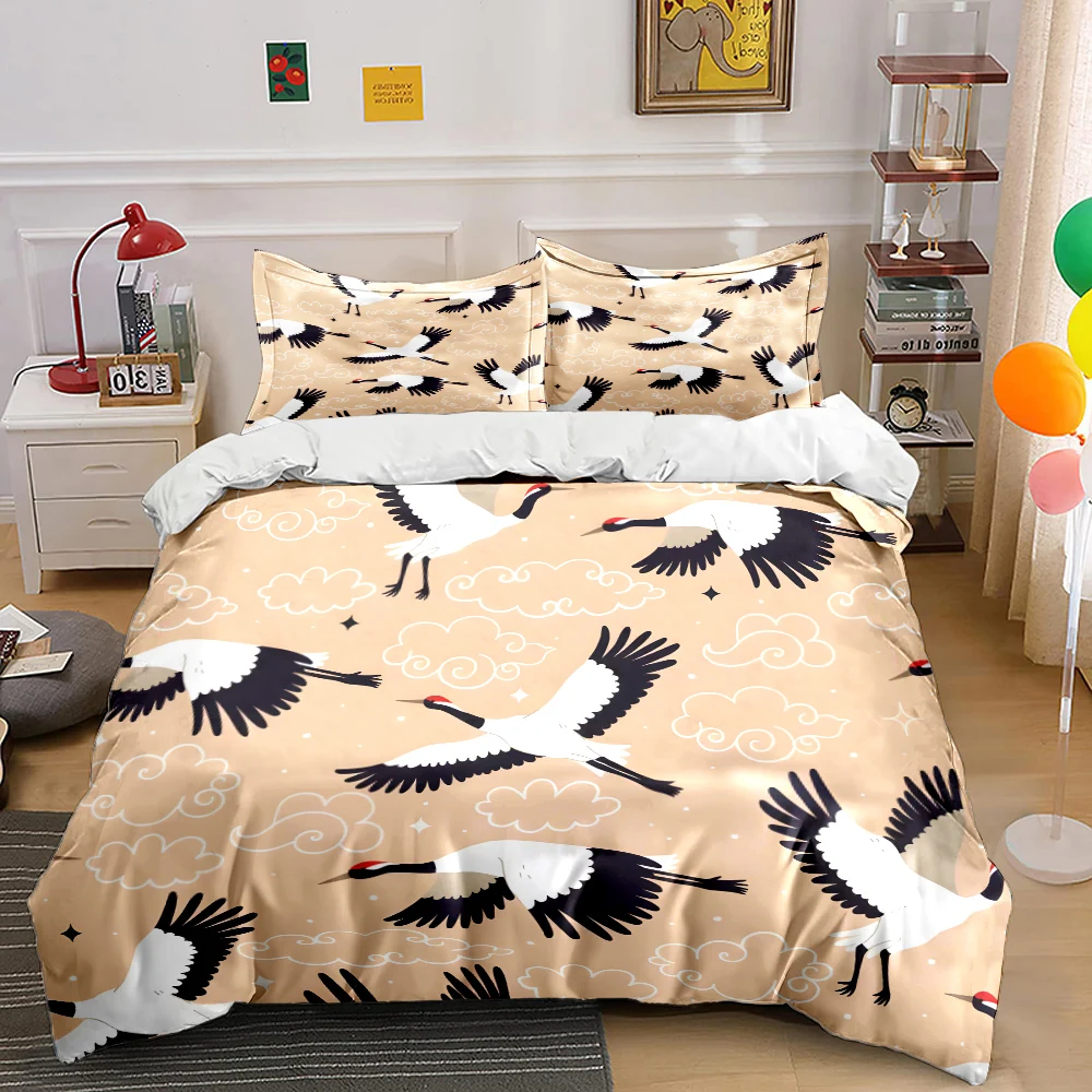 Red-crowned cranes with floating clouds Pattern Duvet Cover Set Digital Print Colorful Polyester Bedding with Zipper Closur