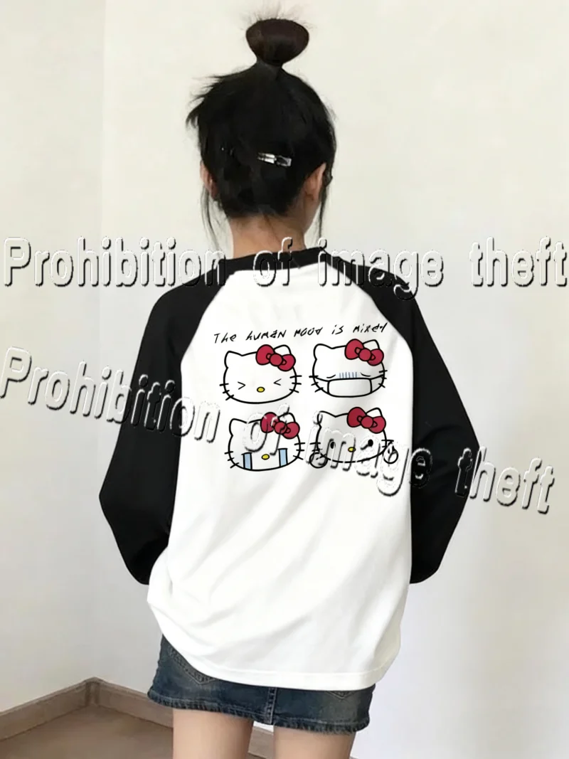 الخريف والشتاء العصرية مرحبا كيتي الوالدين الطفل قميص طويل الأكمام سميكة مطبوعة الأسرة في الهواء الطلق خلع الملابس جو أعلى