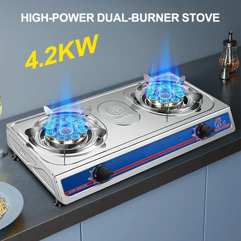 Double Burner Gas Stove Household High Power LPG Gas Stainless Steel Tabletop 4.2Kw Energy Saving Non Slip Rack Easy To Clean