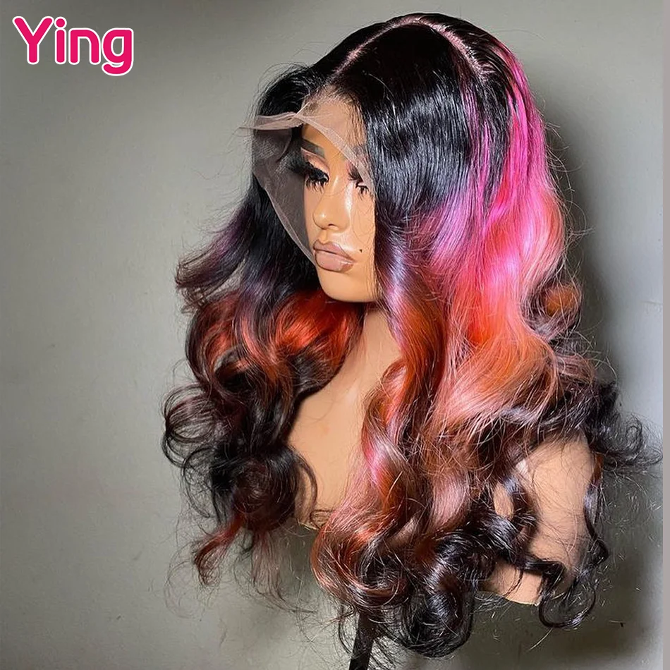 Omber Pink Orange With Black 200% 13x4 13x6 Lace Front Wig Human Hair Body Wave Prepluck Brazilia Human Hair Lace Frontal Wig