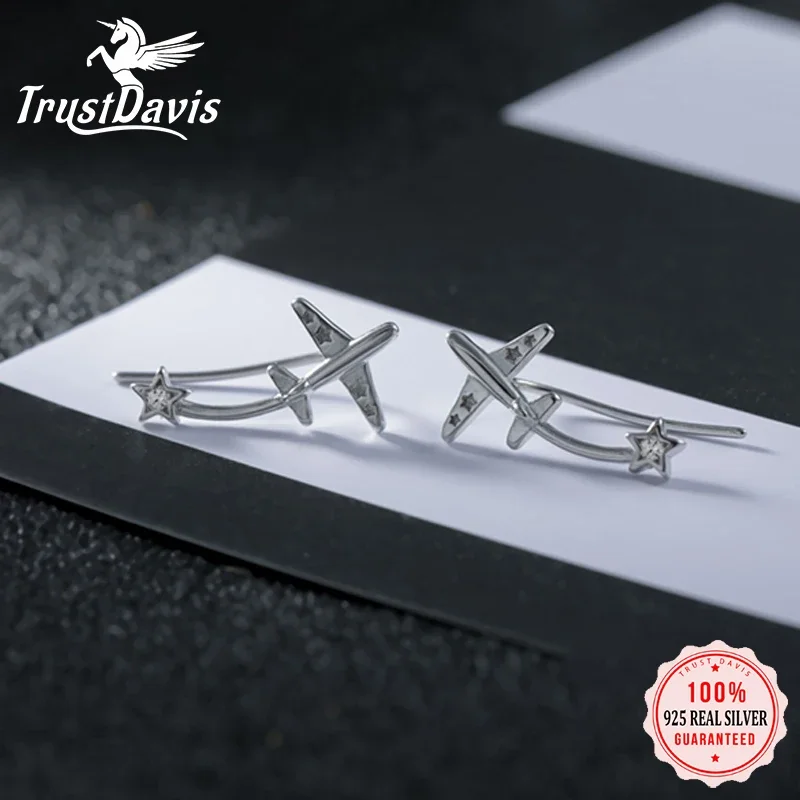 TrustDavis Real 925 Sterling Silver Fashion Plane Star Ear Hook Charm Stud Earrings For Women Wedding Minimalist Jewelry H072