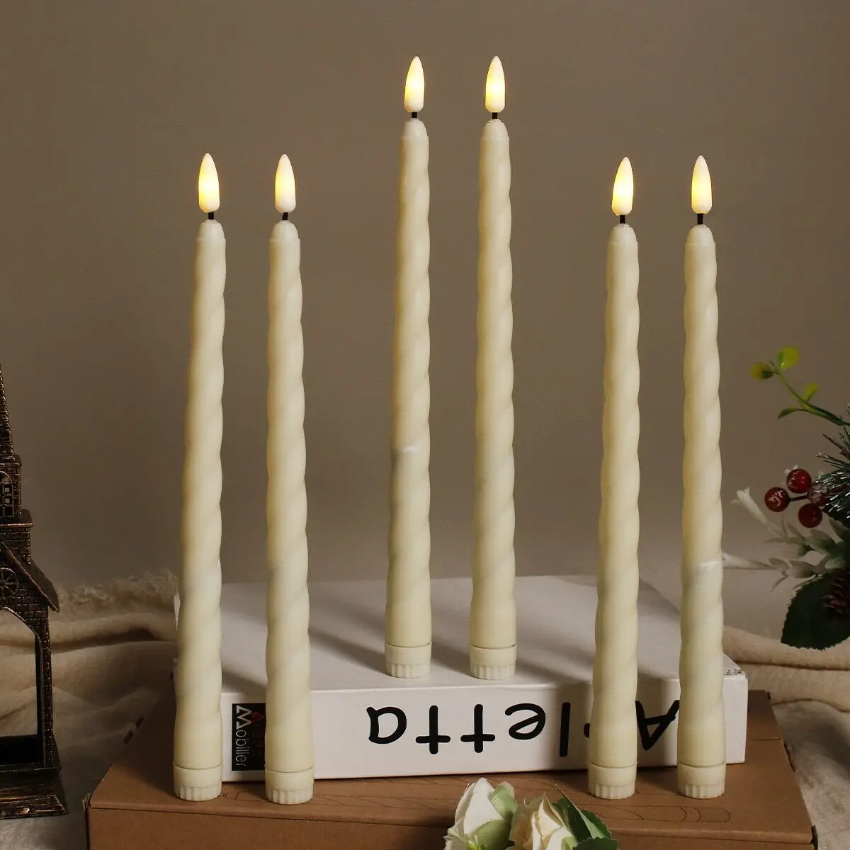 6pcs 11' LED Battery Operated Flickering 3D Wick Spiral LED Taper Candle Lamp Candlestick Xmas Wedding Table Church Decor 28cm