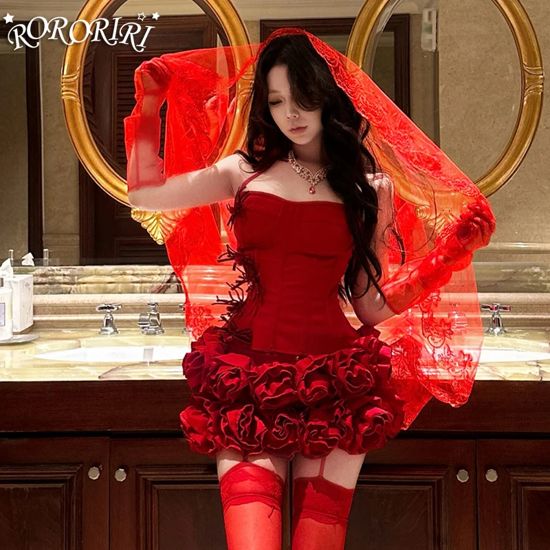 

RORORIRI Ren Fair Women Corset Skirt Set Party Prom Flower Applique Lace-up Halter Top Bodycon Mini Skirt Vintage Formal Clothes