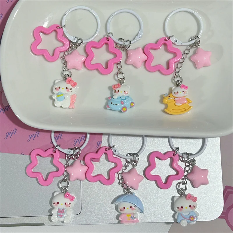 New Pink Star Umbrella Hello Kitty Sanrio Pendant Keychain Kawaii Children Toys Trojan Horse Kitty Keychains Kid Pendant Keyring