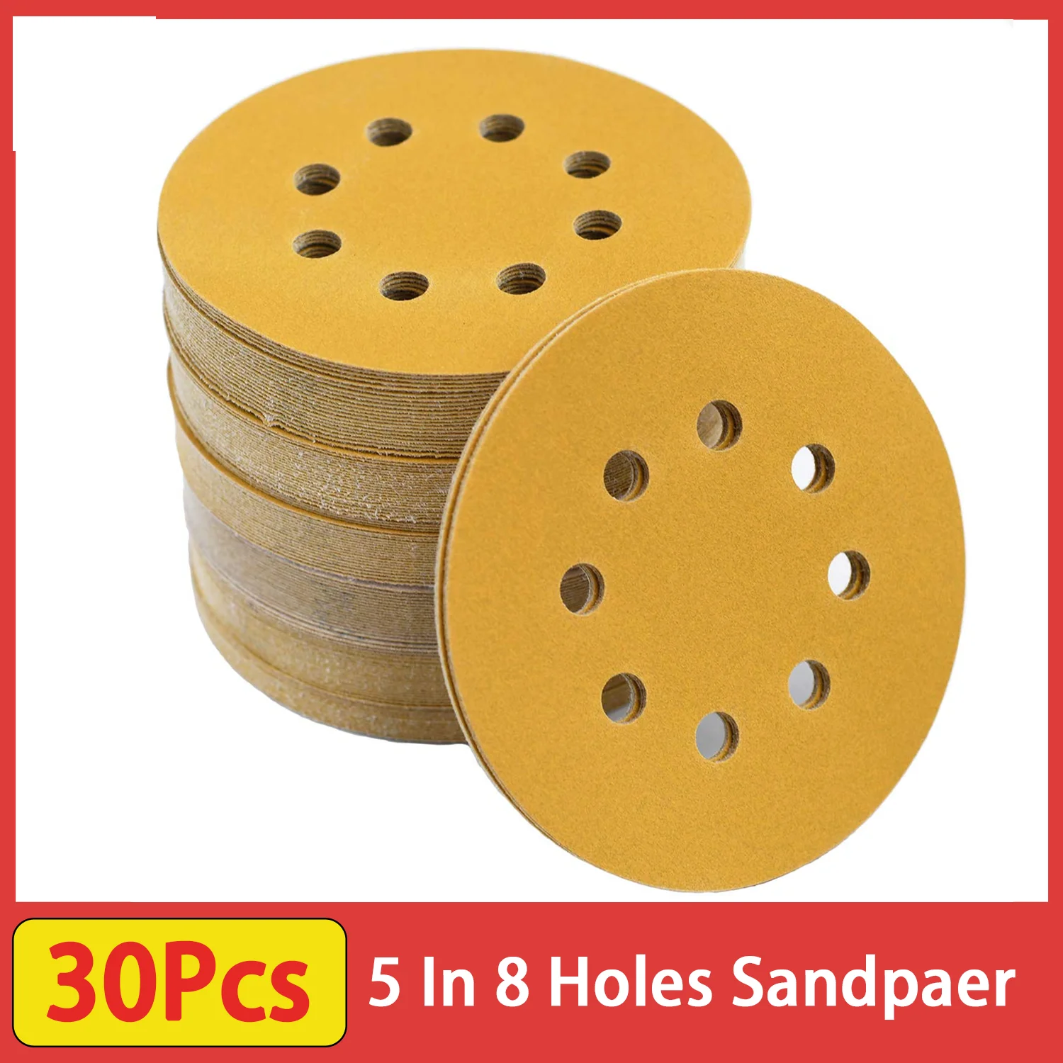 30pcs 5 In 8 Hole Sanding Discs Hook and Loop, 60-800 Assorted Grits Sandpaper for Woodworking