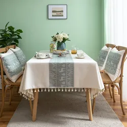 Tablecloth Cotton Linen Stripe Tassel Stain Resistant Dust-Proof Table Cover Rustic for Kitchen Dinning Tabletop Christmas Decor