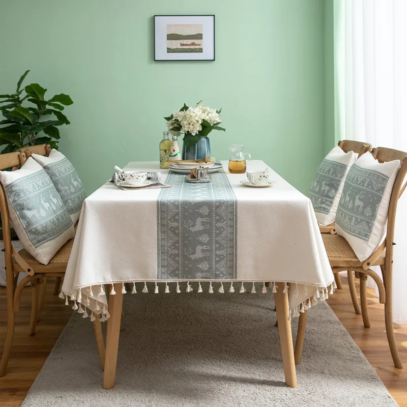 Tablecloth Cotton Linen Stripe Tassel Stain Resistant Dust-Proof Table Cover Rustic for Kitchen Dinning Tabletop Christmas Decor