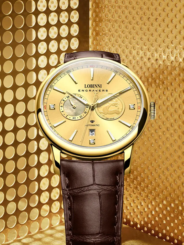 New Lucky Deer Luxury Brand LOBINNI Japan MIYOTA 82S7 Automatic Mechanical Men\'s Watches Sapphire Real 24K Gold & Diamond L19015