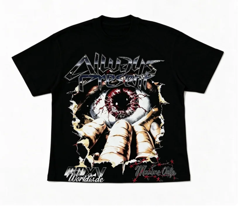 2026 new Vintage Horror Eyeball Torn Effect Metal Letter Graphic Unisex Black Short Sleeve Tee Streetwear Casual Loose Daily Top