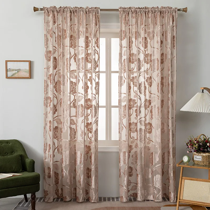 Semi-Shading Lily Jacquard Curtain Soft Lightweight Sheer Curtains for Bedroom Living Room Exquisite Rod Pocket Window Screening