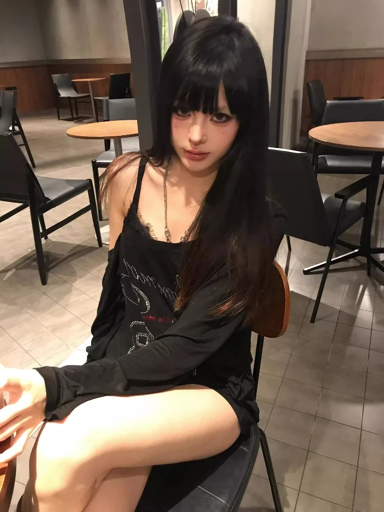 Summer Thin Long Sve T-irt Women's Lace Patchwork Rhinestone Collar Baring Top Korean Sle Casual Comfortable Fit Tee