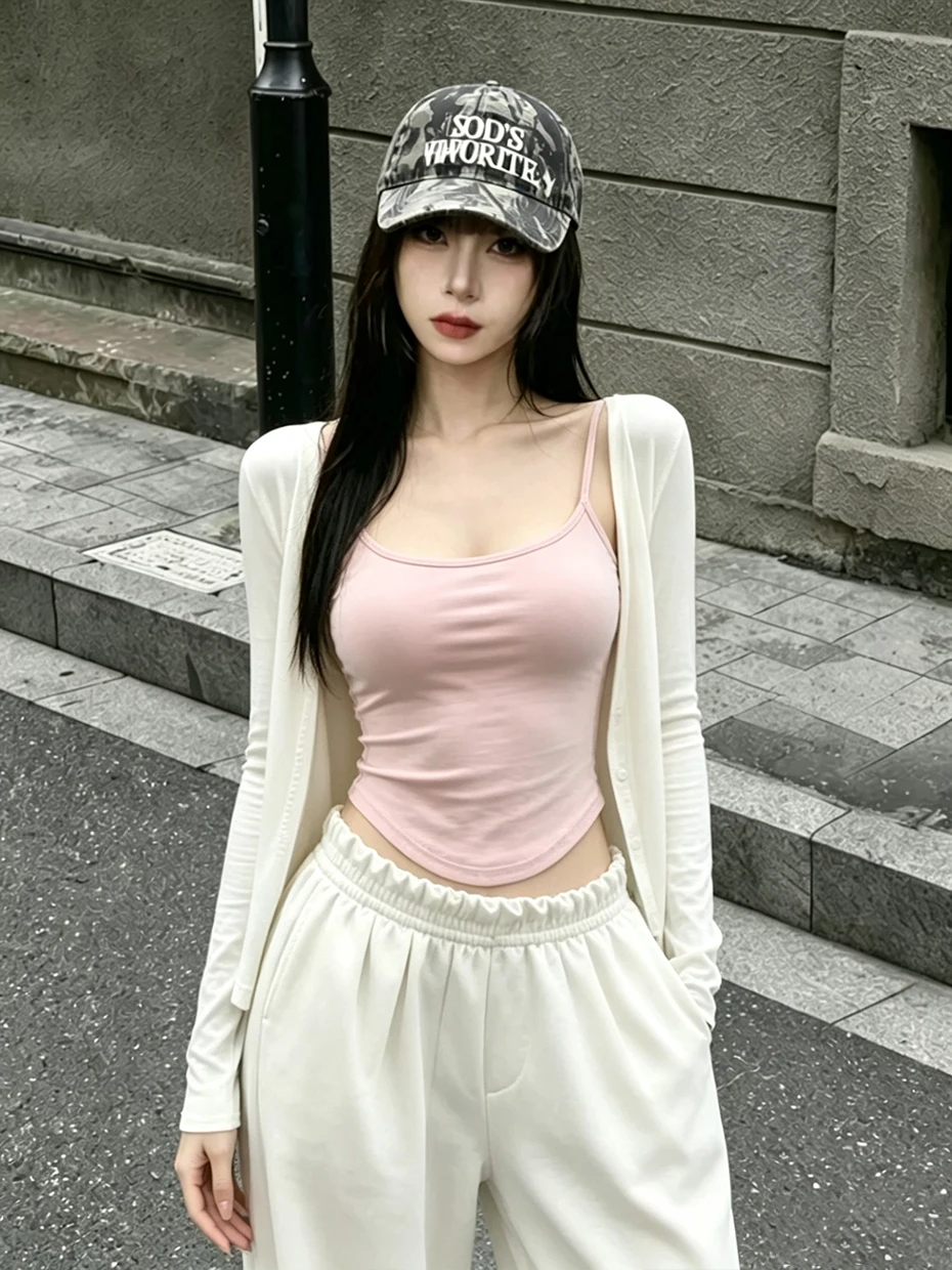 Korean Style Slim Fit Summer Top And Vest Set with Chest Pad Long Sleeve Sun Protection Cardigan And Strapless Design