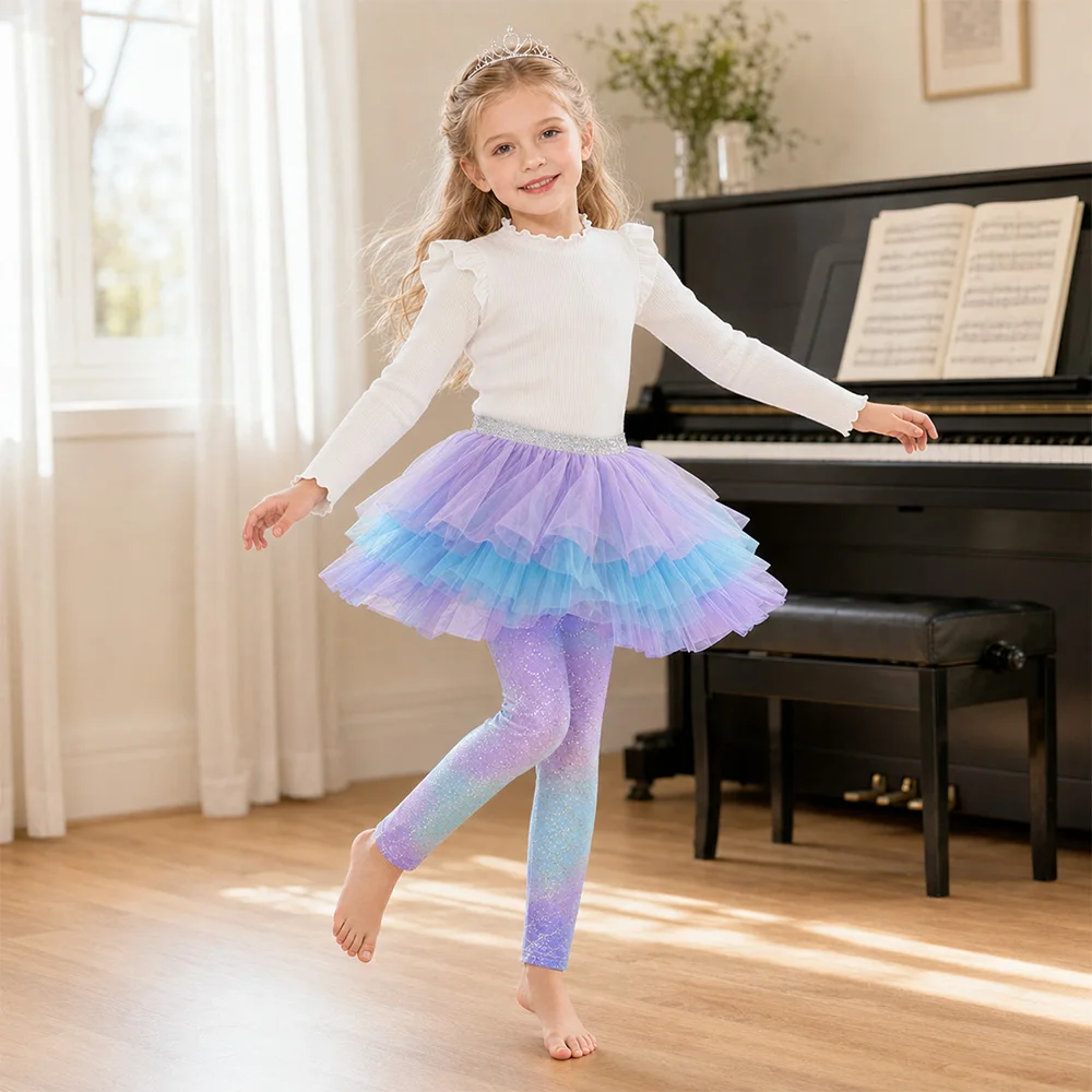 Mädchen-Leggings mit Meerjungfrauen-Print und mehrlagigem Mesh-Tutu-Rock für Tanz, Kinder-Ombre-Schuppen-Glitzer-Polyester-Hosen mit Farbverlauf – Detail 3