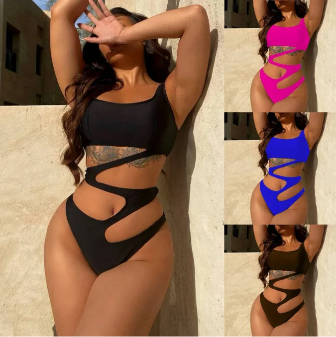

New Swimsuit Female Sexy One-piece Bikini Solid Color Hollow Swimsuit