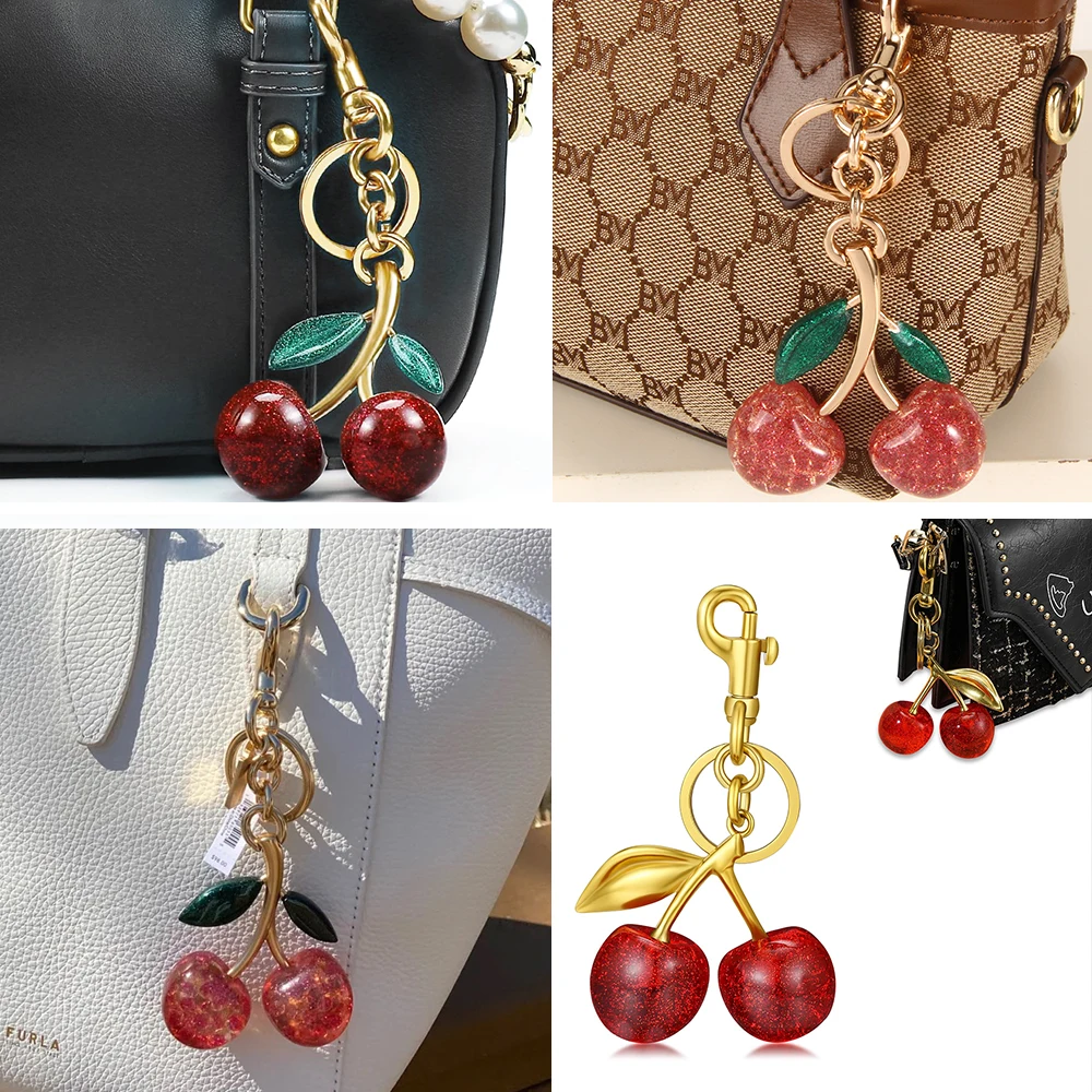 Hot Selling Fashionable Glitter Cherry Bag Charm with Key Ring and Clip Sparkling Resin & Metal Keychain for Purses Handbags