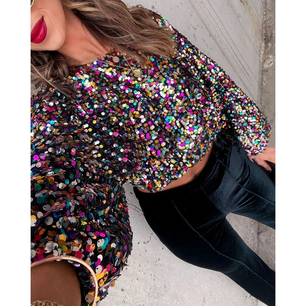 

Women Allover Colorful Sequins Decro Long Sleeve O Neck Cropped Top 2024 Spring Fashion Femme Casual Sexy Nightclub Cloth Blouse