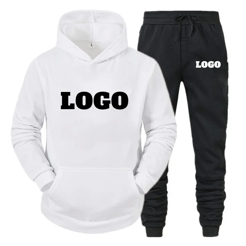 Men's customized logo sportswear, hooded sweatshirt and pants set, running and casual sportswear, 2 pieces.