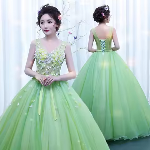 New flowers grass green lady girl women performance prom dress evening gown