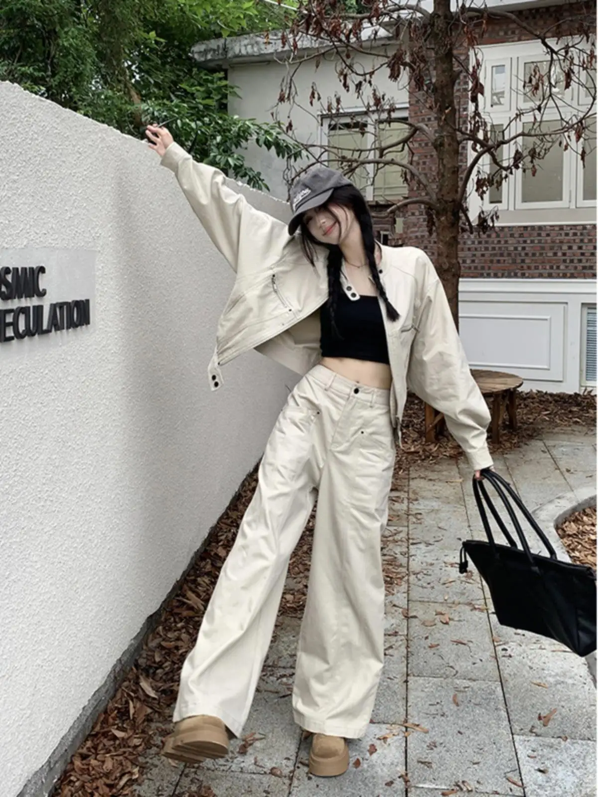 

Cool Short Sleeve Long Workwear Jacket High Waist Wide Leg Pants Women's Autumn Fashion Set Casual Style Button Closure