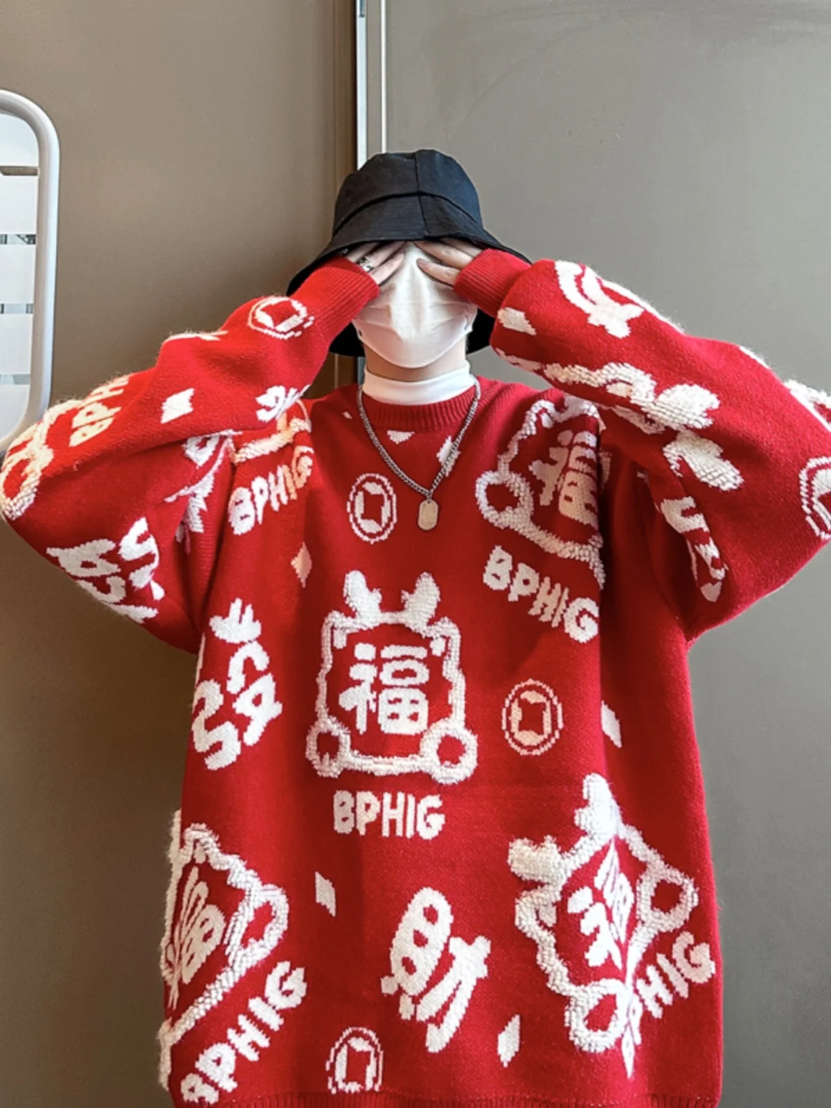 

Red Knitted Sweater Men's Spring Autumn Faion Versatile Print American High Street Trendy Brand Outerwear Casual Youthwear