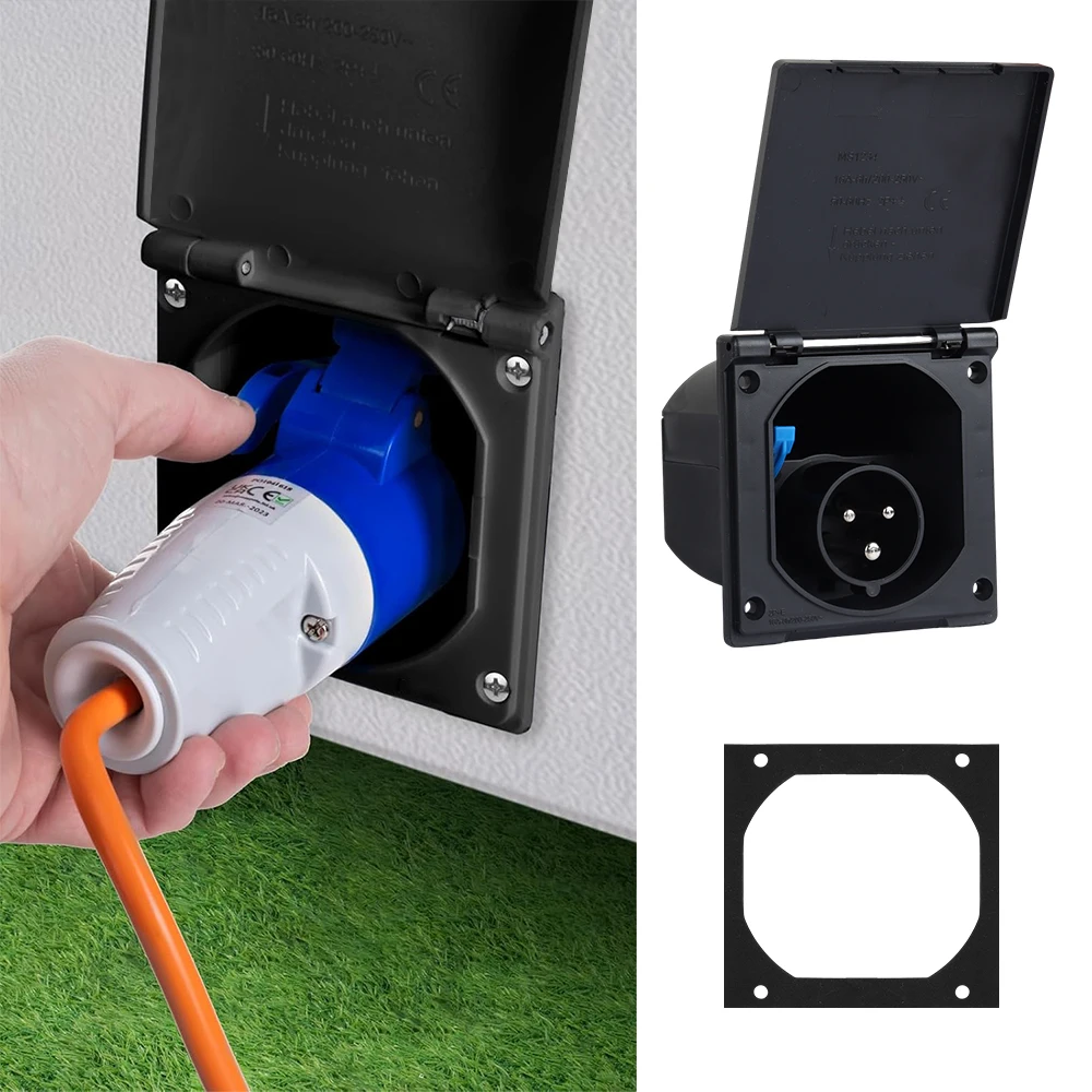 CEE Caravan Power Supply Plug 3 Pin 230 V / 16 A Mains Hook Up Socket Camping Extension Plug With Hinged Lid