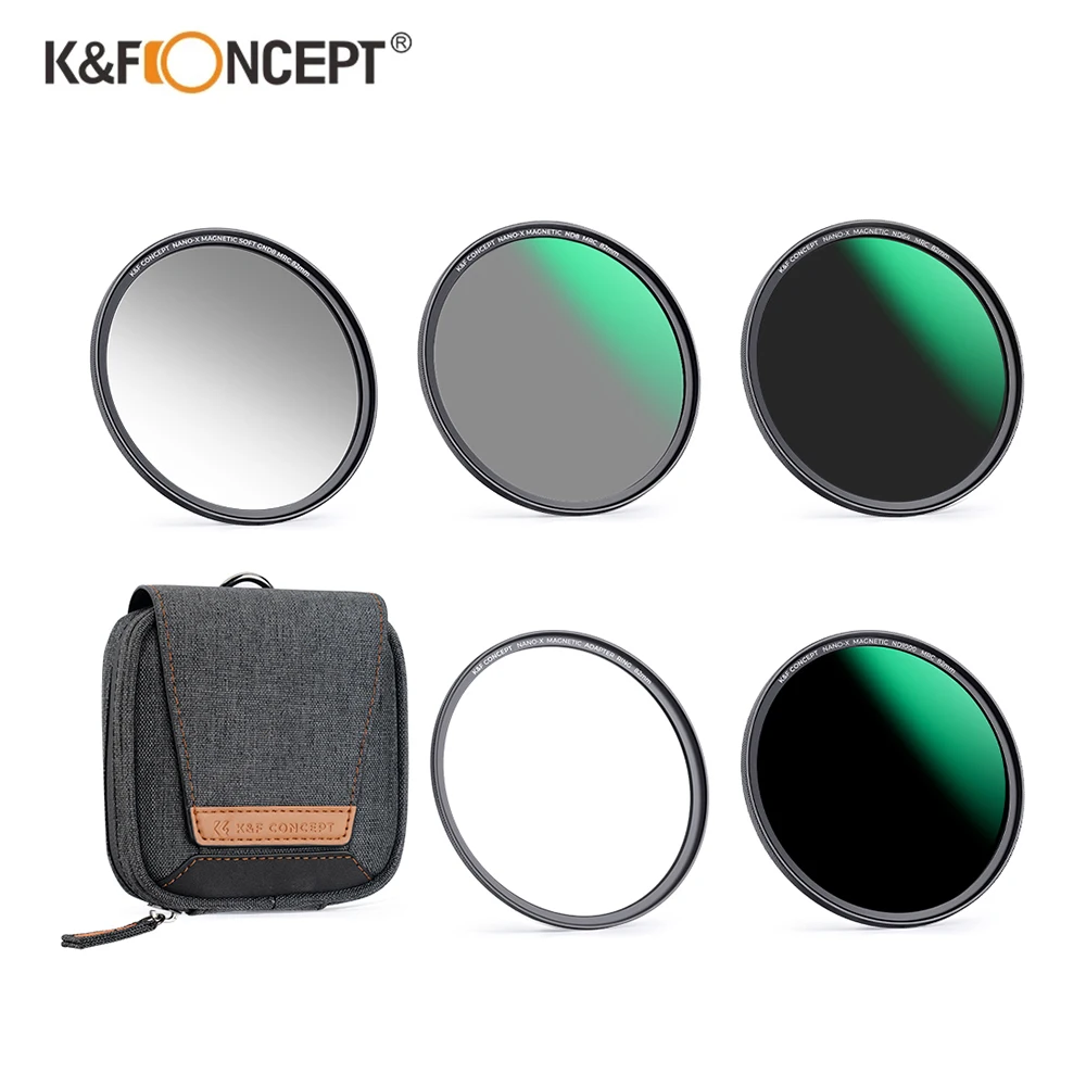 K&F Concept Nano-X Magnetic ND Filter Kit 5 In 1 GND8 ND8 ND64 ND1000 Neutral Density Filter 49-82mm with Magnetic Suction Base