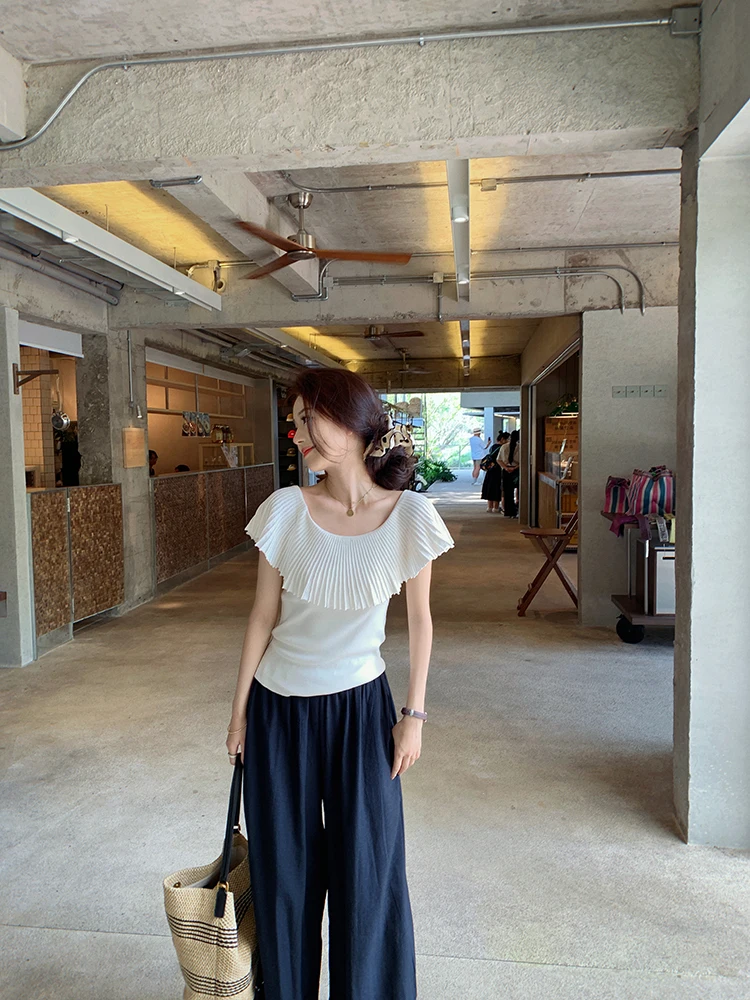 

Bigyu Summer Thin Ice Silk Knitted irt round Ne ort Sve Pleated Hemline Lightweight Luxury Feel Korean Sle Women's...