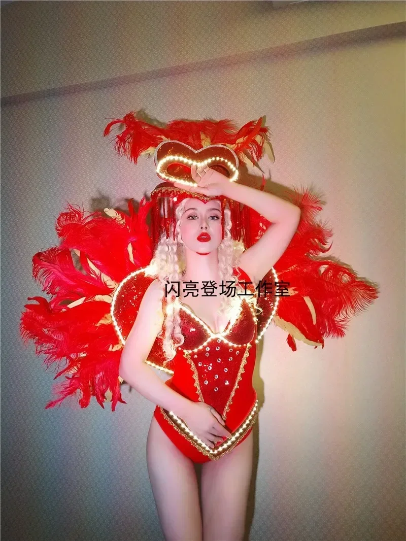 Shining debut red love feather LED luminous backboard nightclub female dance tour performance 3-piece set