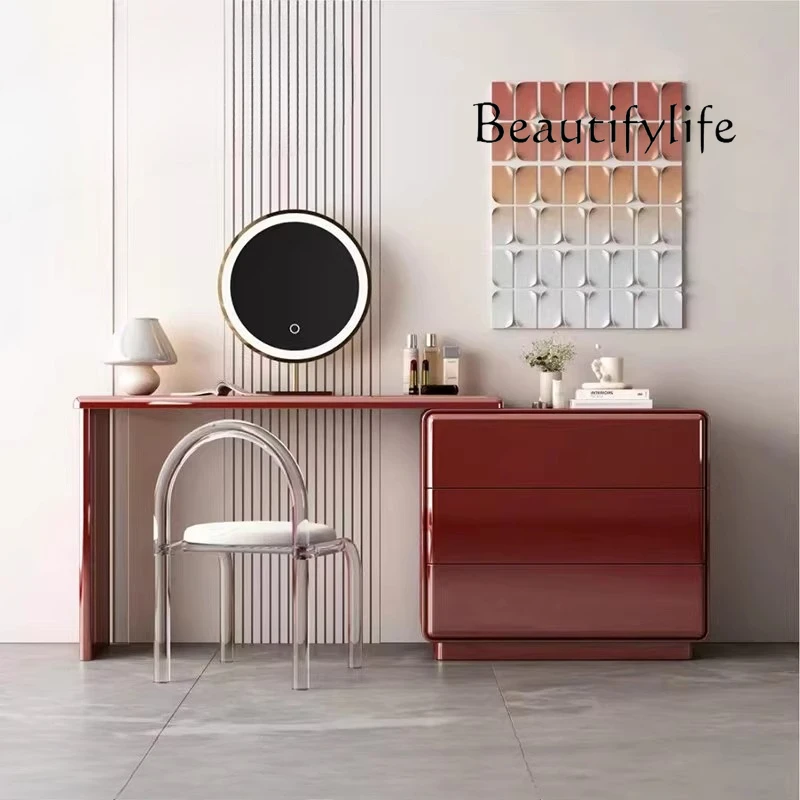 

Medieval minimalist light luxury paint chest dresser China red storage cabinet telescopic ED lamp makeup table