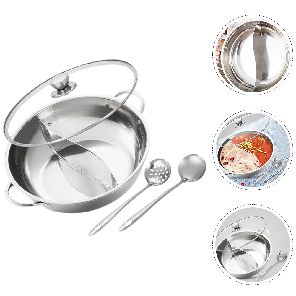 

1Set Stainless Steel Hot Pot with Divider Double-Flavour Two-Compartment Pan for Induction Gas Stove Practical Kitchen