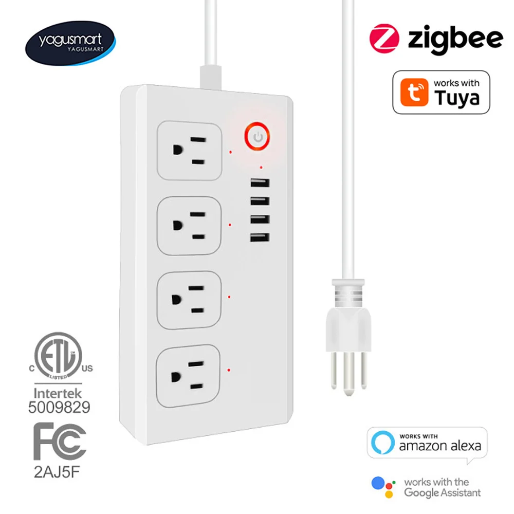 Yagusmart Smart Zigbee WiFi Power Strip 10A US 4 Sockets 4 USB Charging Ports Work with Tuya APP Alexa Google Home Voice Control