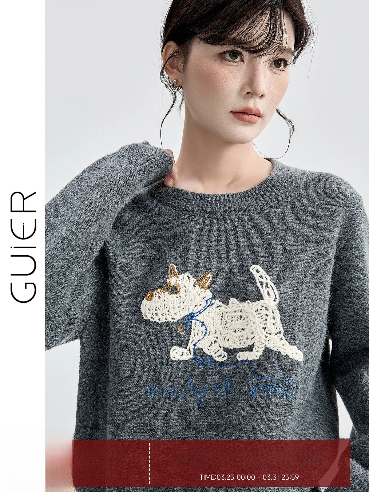 

Guier Embroidered Knitted Sweater round Neck Long Sleeve Women's Autumn Winter Fashion Vintage High Neckline Dog Pattern Top