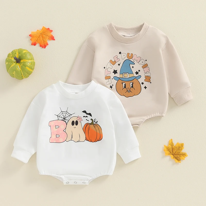 

2024-05-16 Lioraitiin Baby Girls Boys Sweatshirt Romper Halloween Letter Ghost Pumpkin Bat Print Long Sleeve Fall Bodysuits