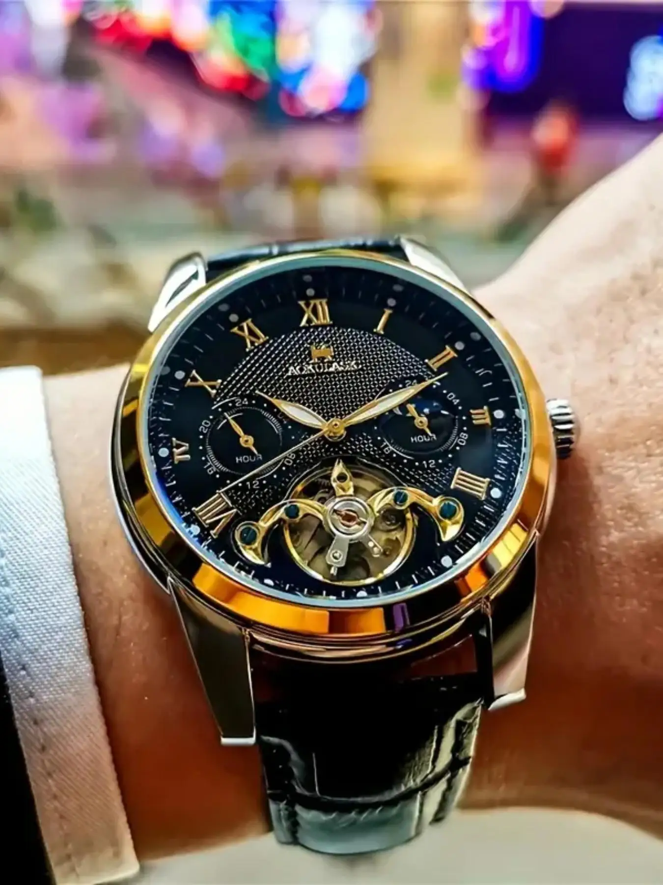 Hollow Tourbillon Watch] Commercial-Style Hollow Tourbillon Mechanical Watch - Light Luxury Men's Watch, Skeleton Design, 24-Hour Moon Phase Display, Hollow Design, Round Alloy Case, Automatic Winding, No Battery, Preferred Gift Choice