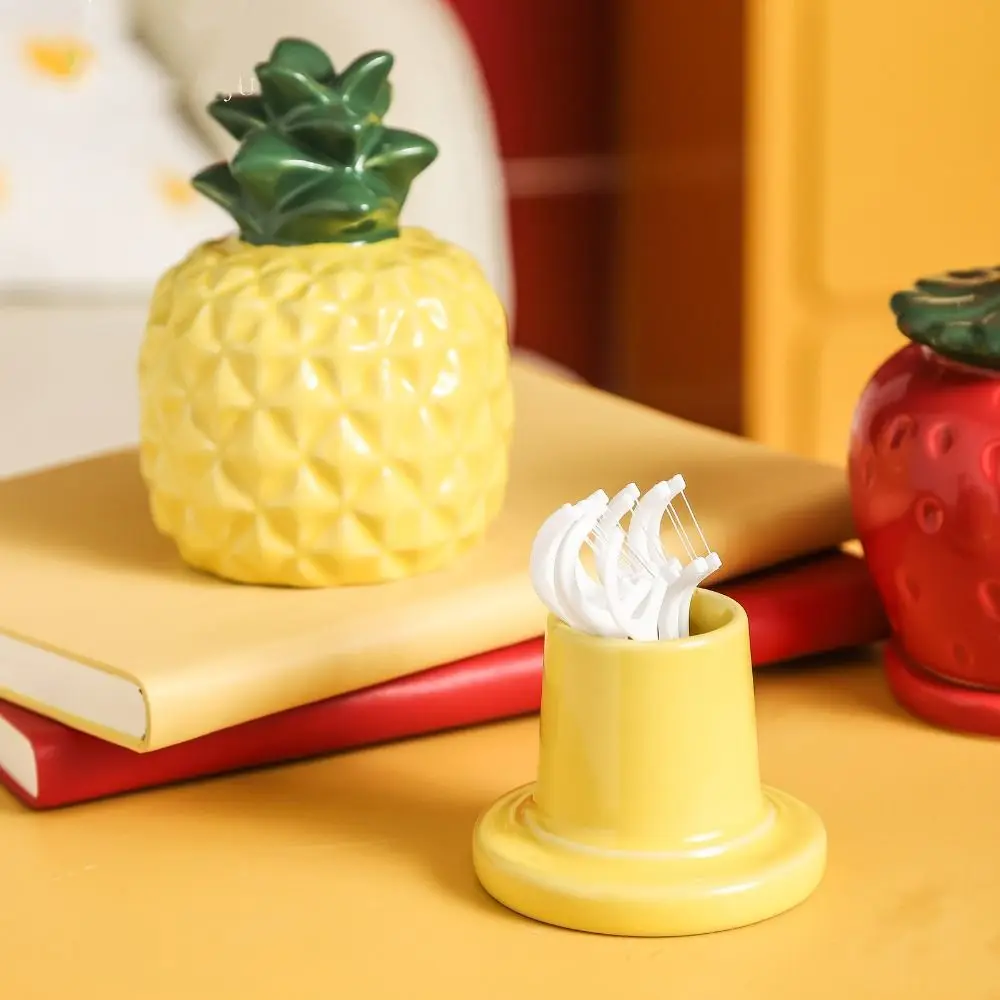 

Ceramics Fruit Theme Toothpick Box Dust-proof Decorative Toothbridge Tube Pineapple Shape Desktop Ornament for Swab Dental Floss