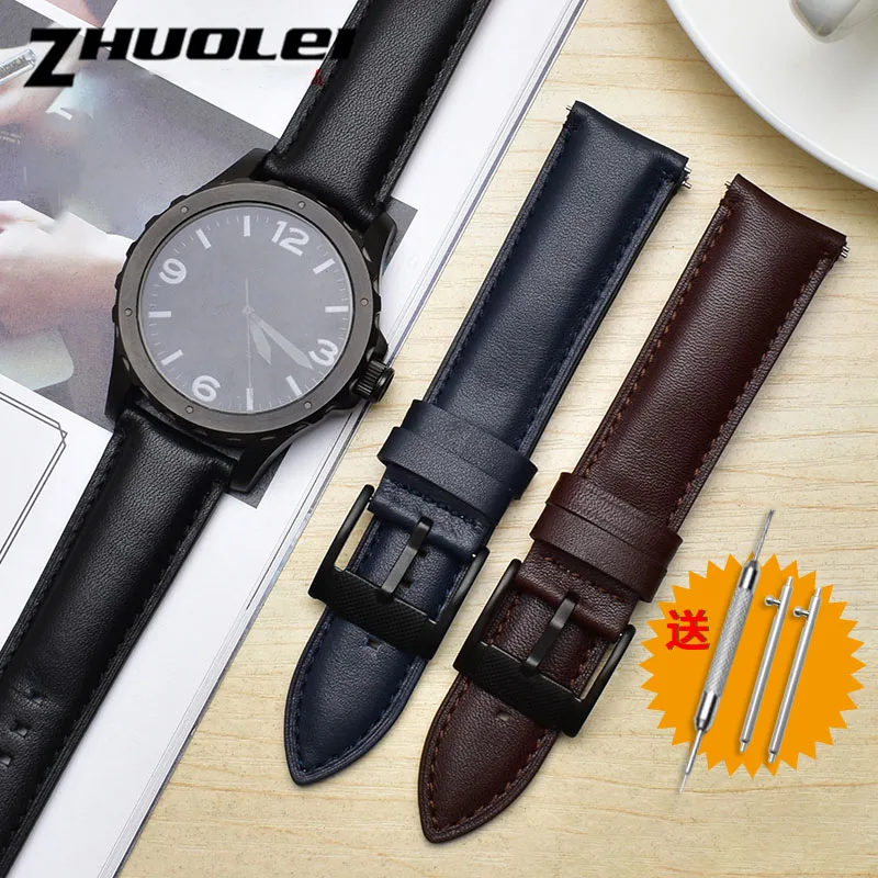 For Fossil FS4735 FS4812 ME3052 3054 Cowhide Strap Men's breathable leather black Brown stainless steel Watchband 20mm 22mm 24mm