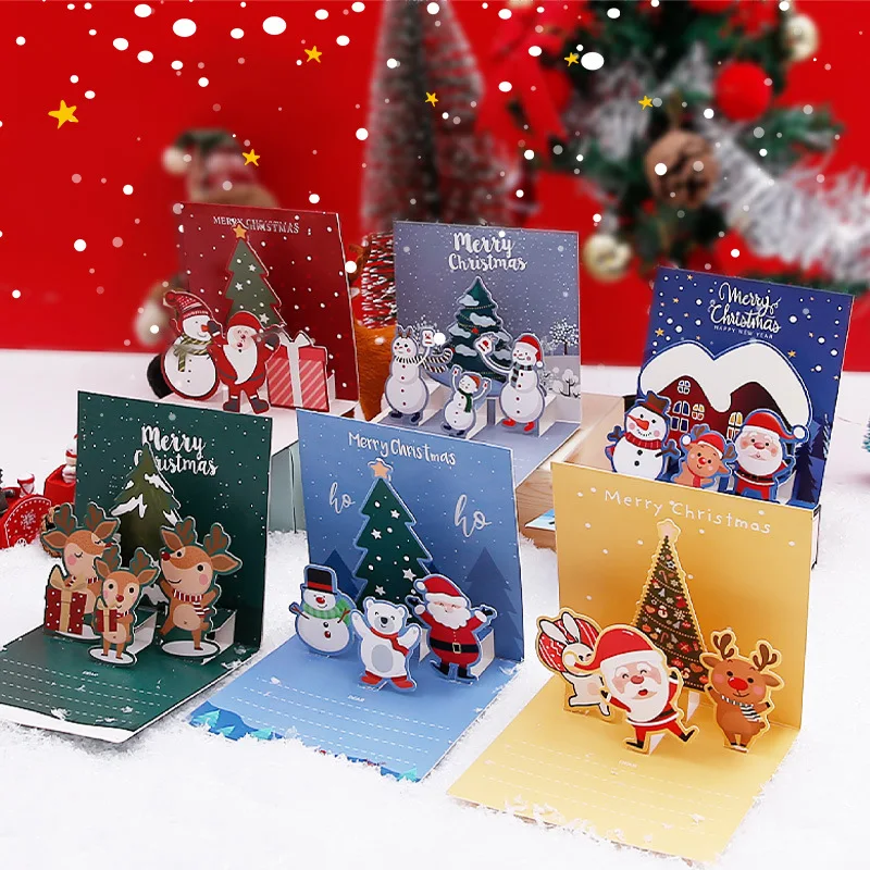 1/6Pcs Christmas Card 3D Santa Greeting Cards Ride Xmas Festival New Year Card Winter Holiday Greeting Cards with Envelopes