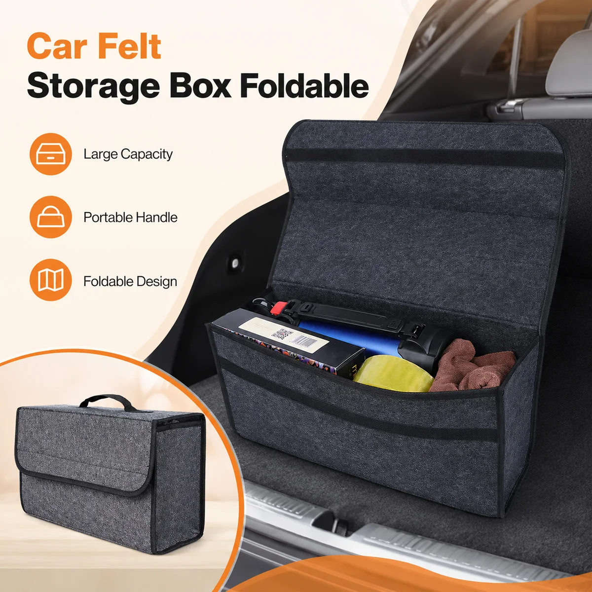 YONGRUN Automotive Felt Storage Organizer Box Foldable Car Trunk Cargo Container for Tools Cleaning Supplies SUV SedanTravel Use