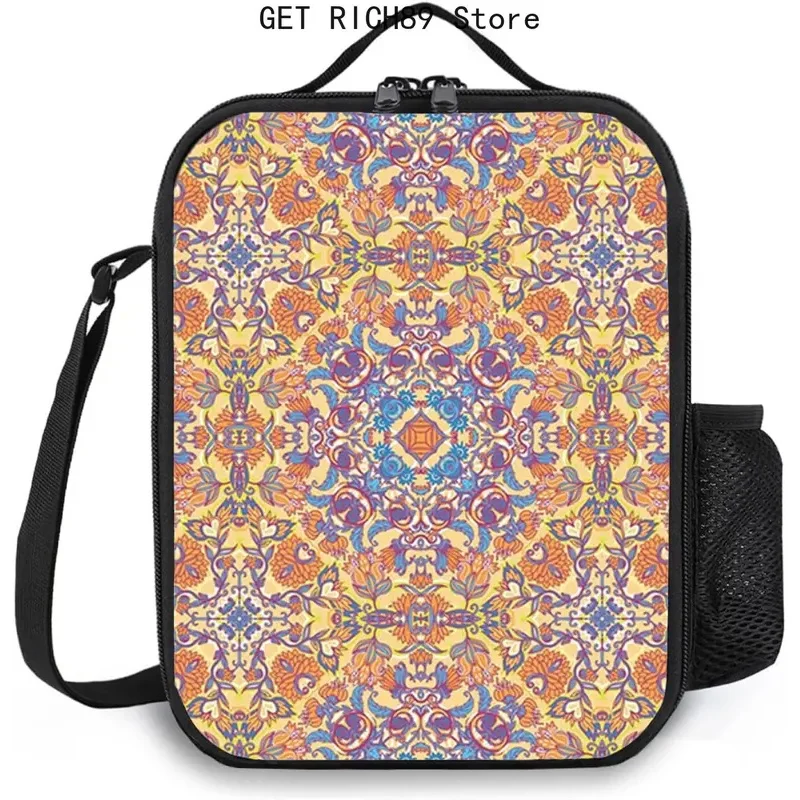 Mandala Insulated Lunch Bag for Women/Men,Floral Pattern with Eastern Design,Reusable Lunch Box for Office Work Picnic,