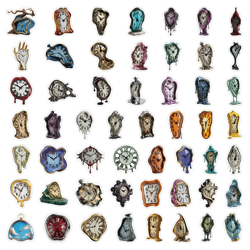 50/100Pcs Cartoon Melted Clock Fun Stickers Creative Surreal Watch, for Stationery Box Phone Laptop File Folder Pen Holder Decal