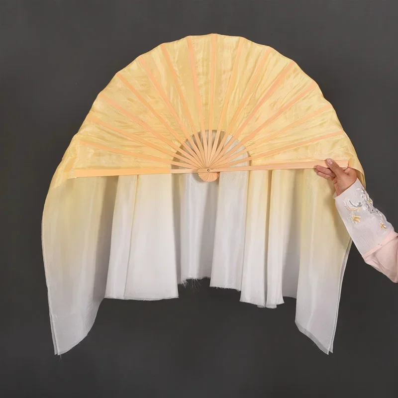 Real Silk Veil 1 Pai Yangko Dancing Fan Bamboo Ribs Two Layers Half Moon Extra Long Flowy Dancer Performance Props Beige Gold