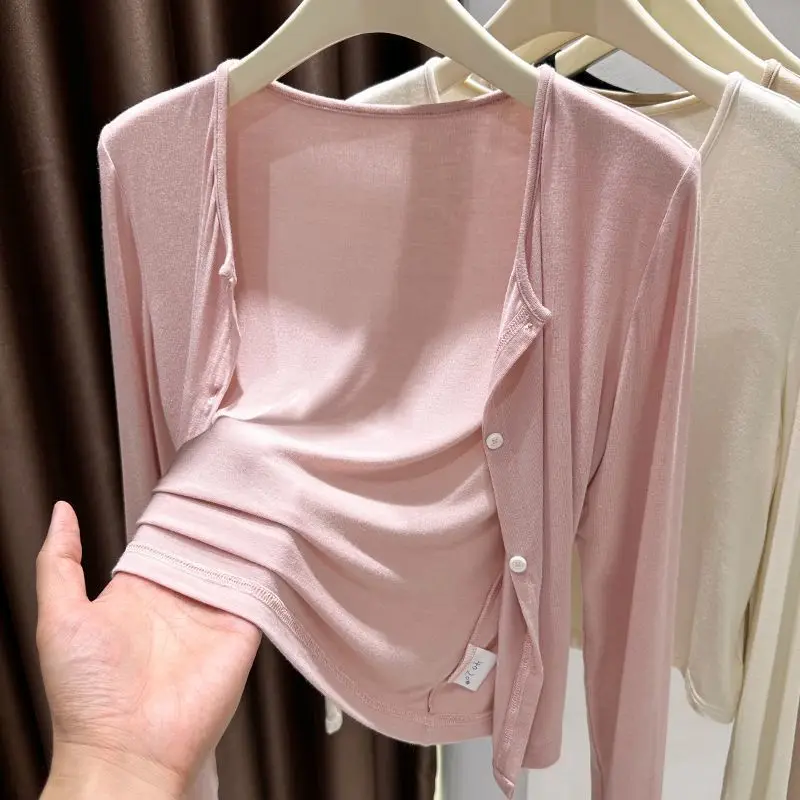 

Ultra-Hand Feel Modal Sunscreen Cardigan Women's Summer Outerwear Top Thin Long Sleeve Wrap Shoulder Cover with Halter Dress