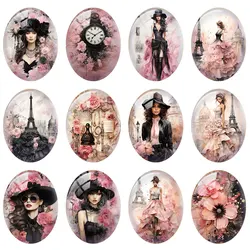 10pcs/lot Gothic Black Pink Paris Tower Flower Fashion Girl Oval Photo Glass Cabochon Flatback Demo Cameo For Diy Jewelry Making