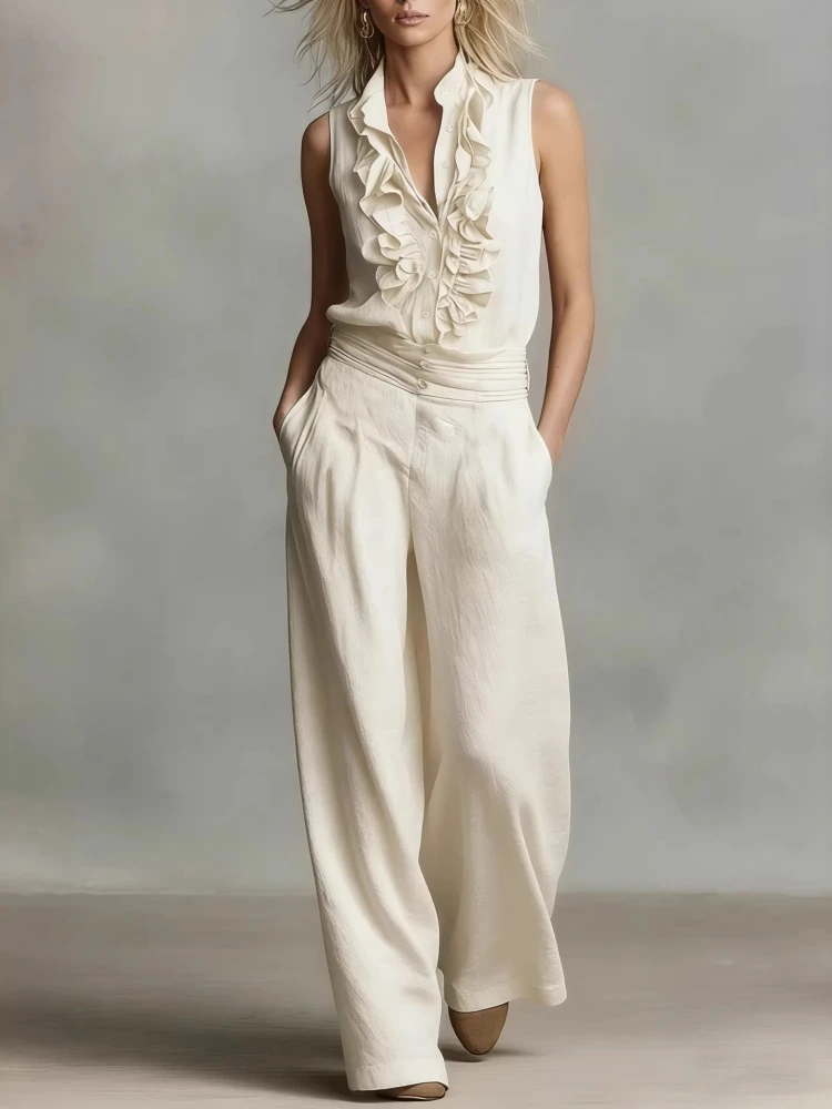 

2 Piece Women Sets 2026 Summer Matching Sets Two Pieces Sets Ruffle Sleeveless Top Long Wide-leg Pants Suits Outfits Clothing