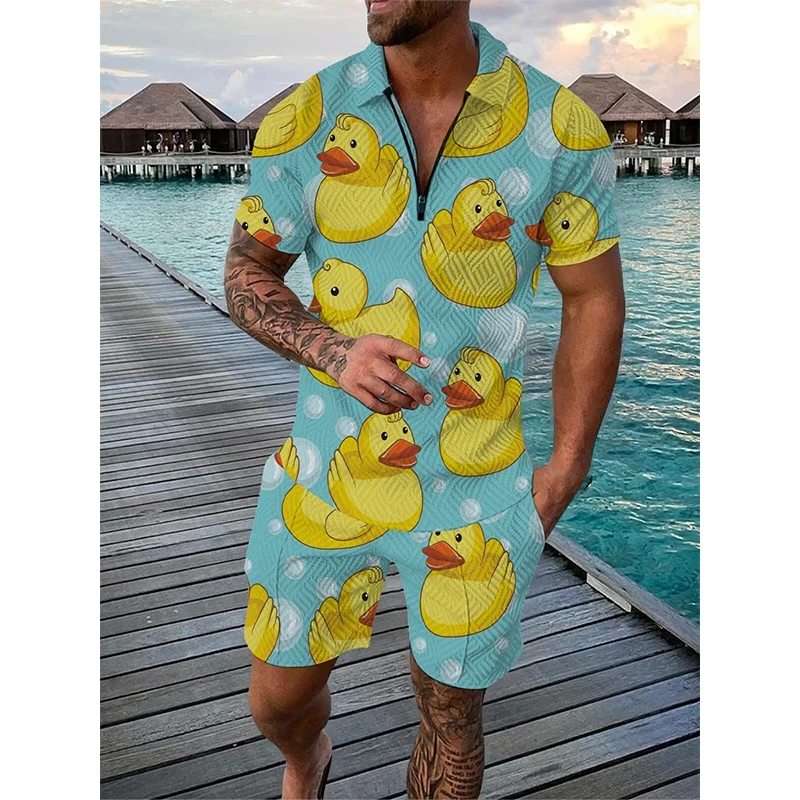 Man Sweatshirt Duck print Tracksuit 2pcs set 3D Duck print Zipper Polo Shirt Short Sleeve Shirt and Shorts Casual Fashion Zip-Up