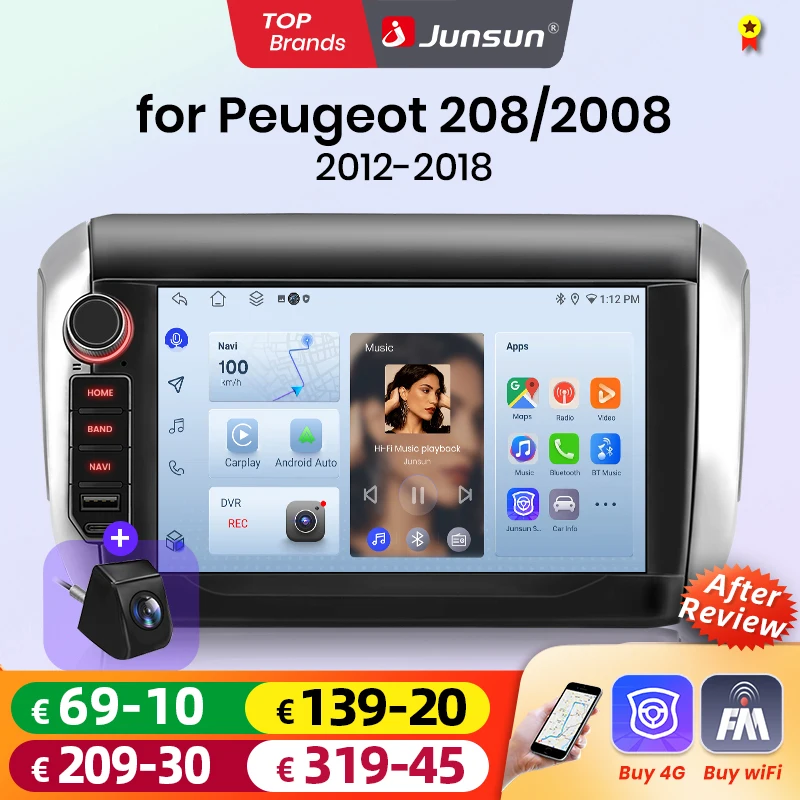 Junsun 8-Zoll Kabelloses CarPlay Android Auto Autoradio für Peugeot 2008 208 2012 2013-2018 Multimedia Kabelloses Apple CarPlay Intelligente Systeme IPS Touchscreen Stereo-Videoplayer 2 Din Autoradio