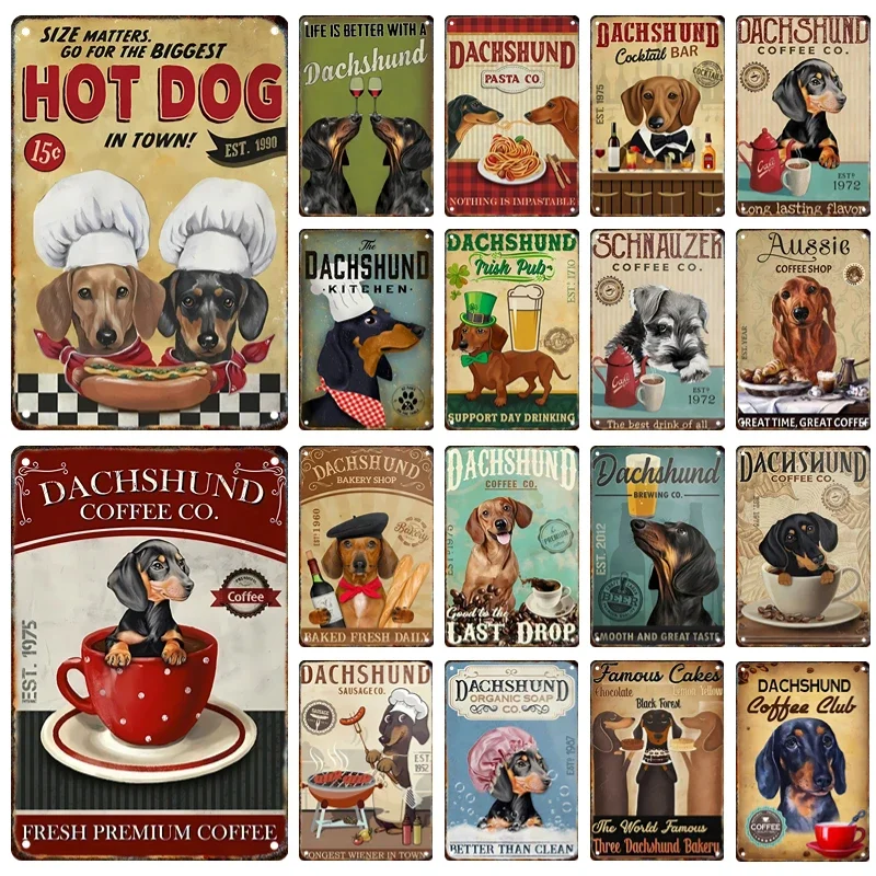 HD Tin Sign Vintage Dachshund Coffee Bar Wall Decor - Retro Funny Wiener Dog Hot Dog Kitchen Art Metal Tin Sign for Pet Lover Ho