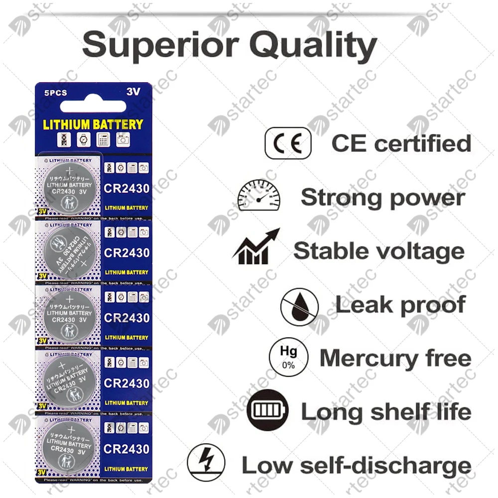 5pcs/pack NEW CR2430 3V Lithium Battery CR 2430 DL2430 BR2430 Button Coin Batteries for Key Fob Watch Alarm Clock Remote Control