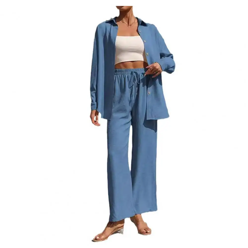 

Wide Leg Trouser Suit Elegant Women's Shirt Pants Set with Lapel Button-down Blouse Elastic Waist Trousers Stylish Ol for Fall